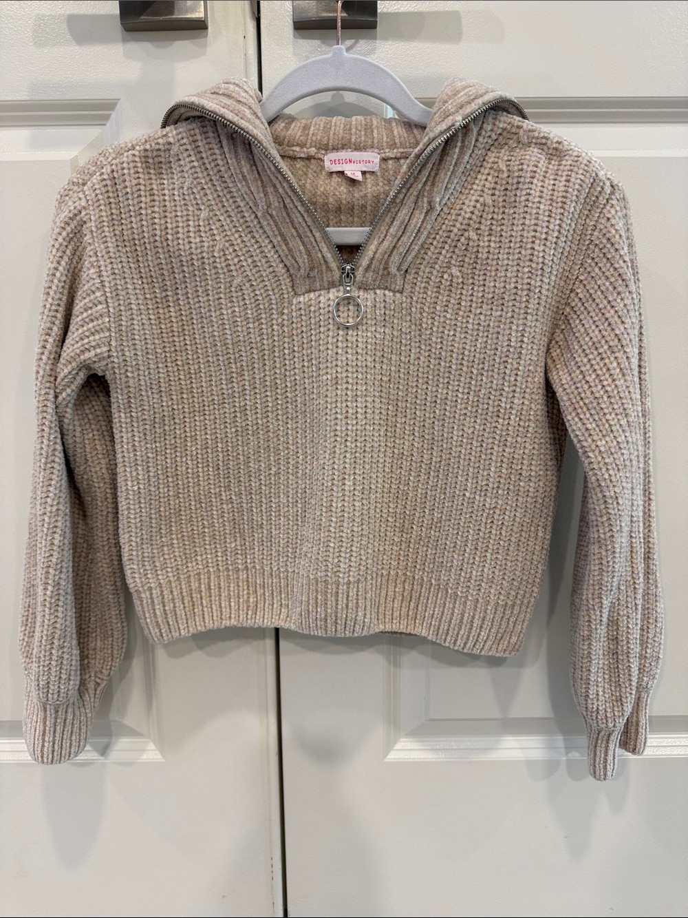 Design History Taupe Ribbed Half-Zip Hooded Sweater
